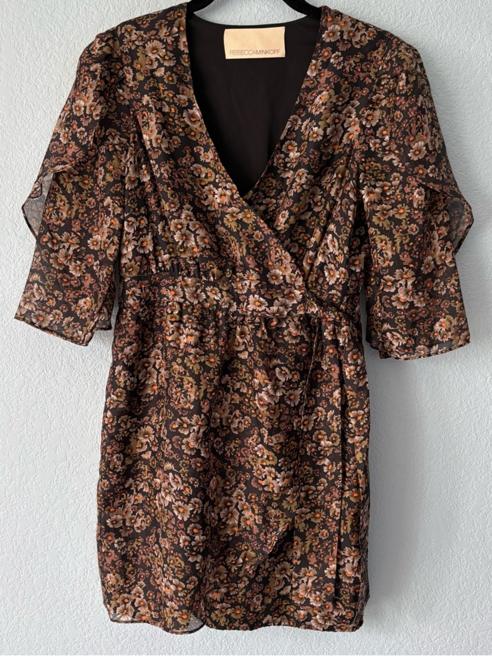 Rebecca MINKOFF Silk Black Green Orange Floral Wrap Mini Dress Short Sleeve